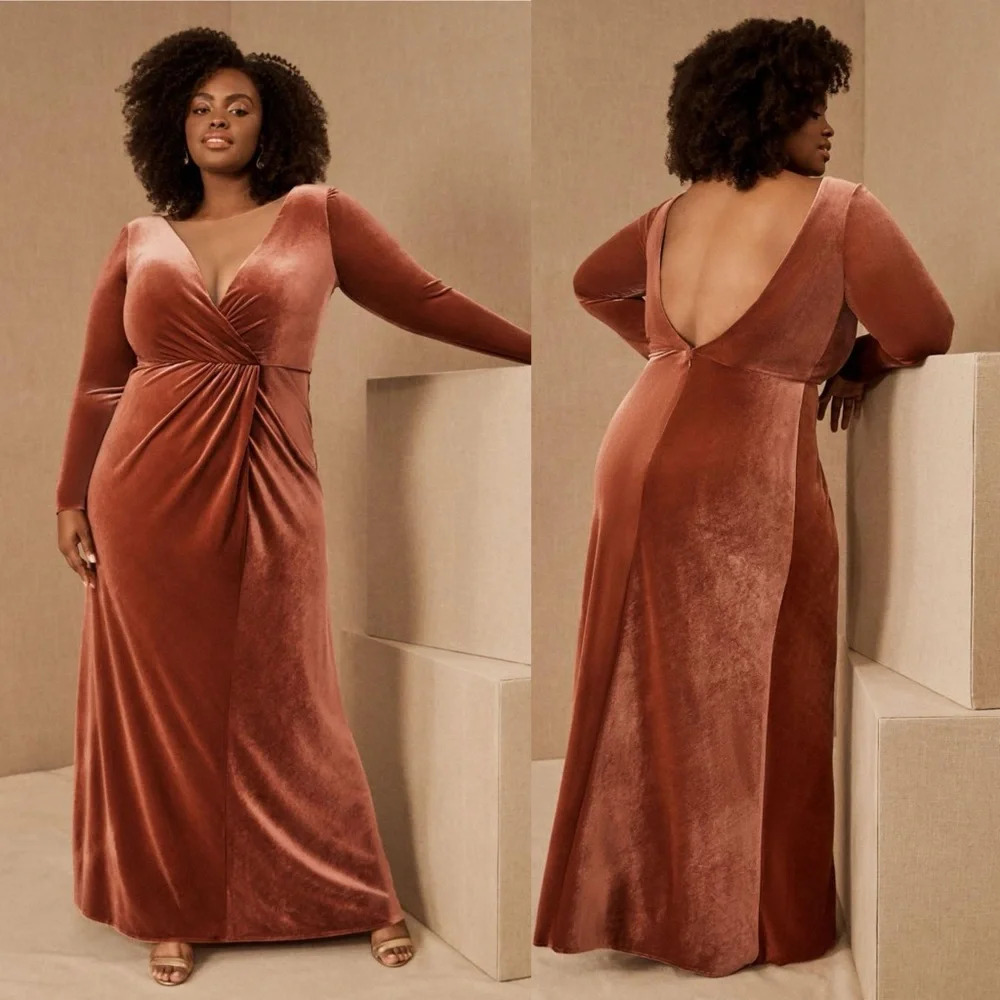 Anthropologie Jenny Yoo Ryland V-Neck Long-Sleeve Open-Back Stretch Velvet Gown